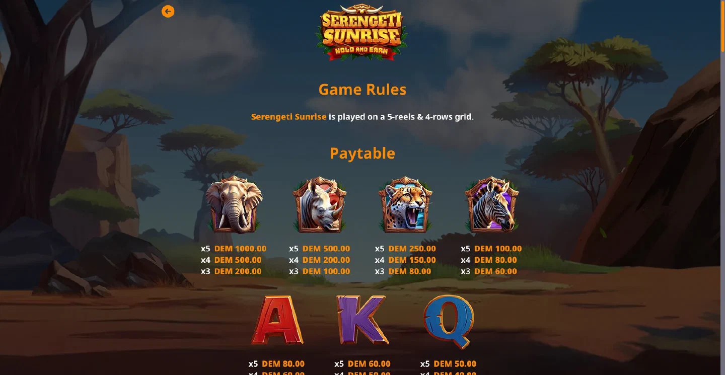 Tabla de pagos de Serengeti Sunrise con los valores del elefante, el rinoceronte y el guepardo